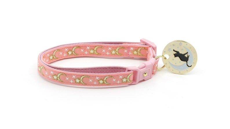 Moon Cat Collar Gold Moons and Stars on Coral Pink Breakaway Cat Collar Kitten or Large size Glow in the Dark B4D204 image 4