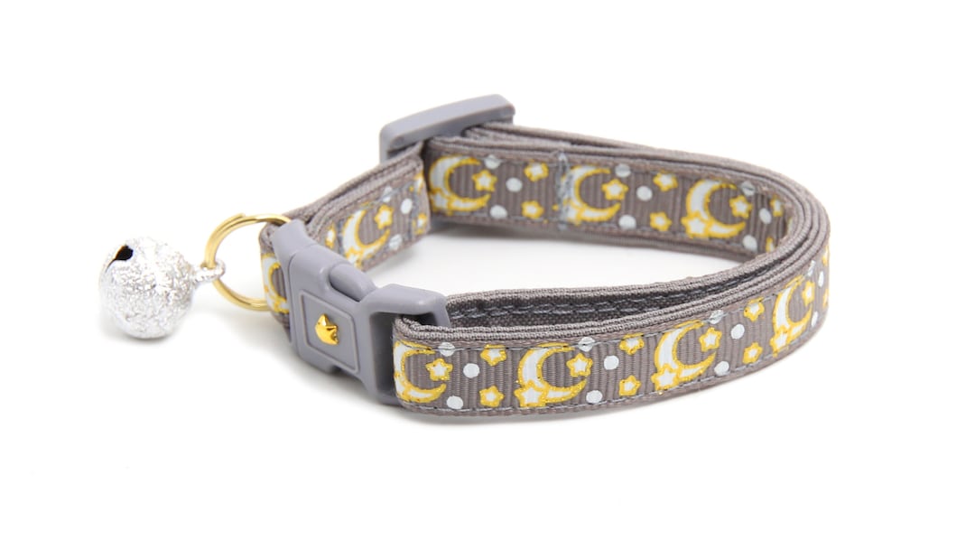 Moon Cat Collar Gold Moons and Stars on Silver Breakaway Cat Collar