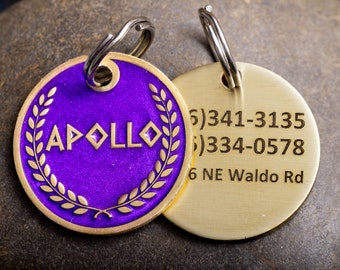 Engraved Greek Laurel Pet ID Tag - Cat or Dog Royal Purple and Gold Name Tag - Greek God Pet ID Tag