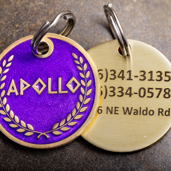 Engraved Greek Laurel Pet ID Tag - Cat or Dog Royal Purple and Gold Name Tag - Greek God Pet ID Tag