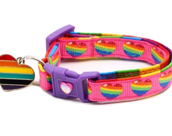 Pride Cat Collar - Rainbow Hearts on Pink - Safety - Breakaway - B129D255