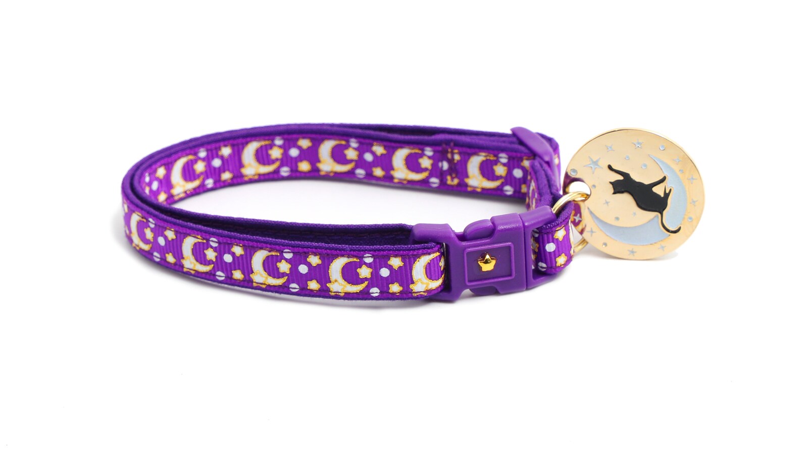 Moon Cat Collar Gold Moons and Stars on Purple Breakaway Etsy