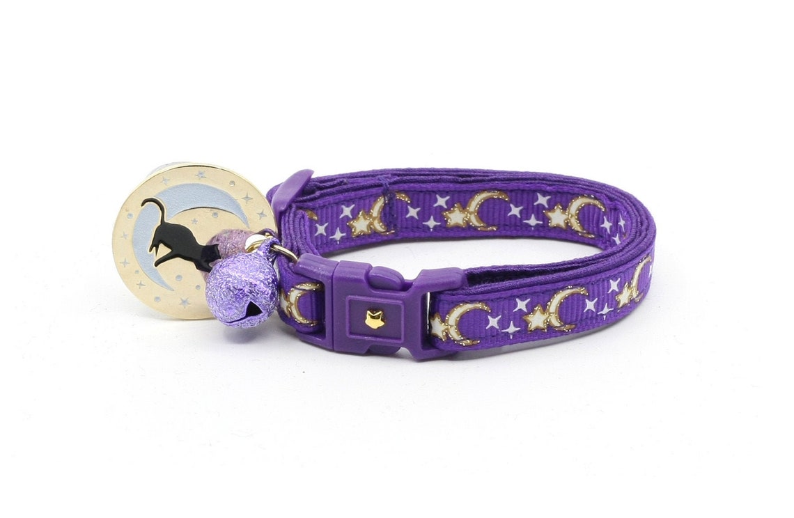 Moon Cat Collar Gold Moons and Stars on Purple Breakaway Etsy