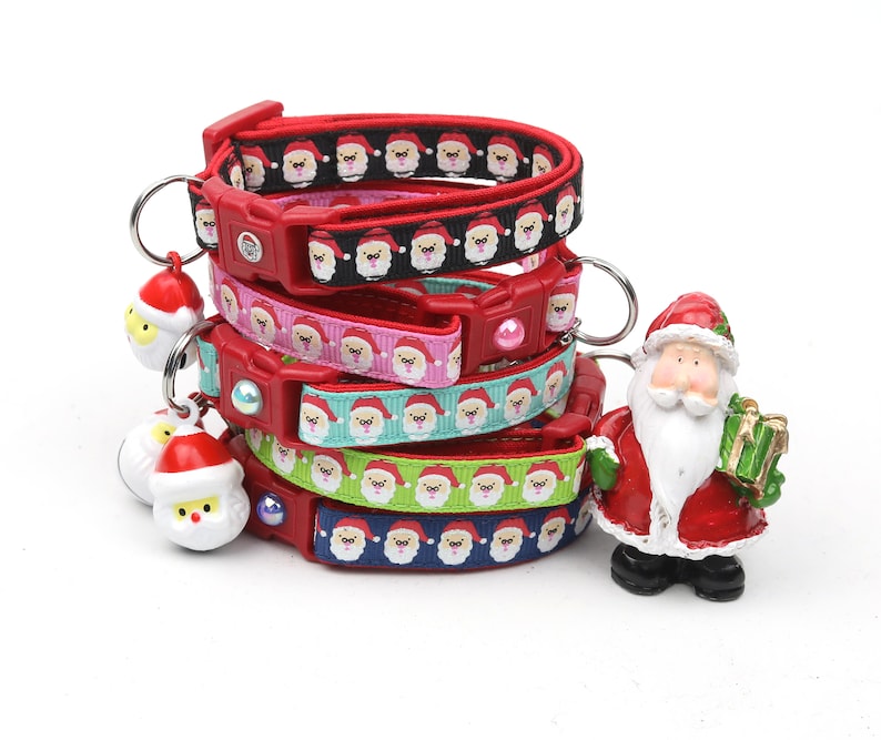 Christmas Cat Collar Jolly Santa Faces on Green Kitten or Large Size B116D48