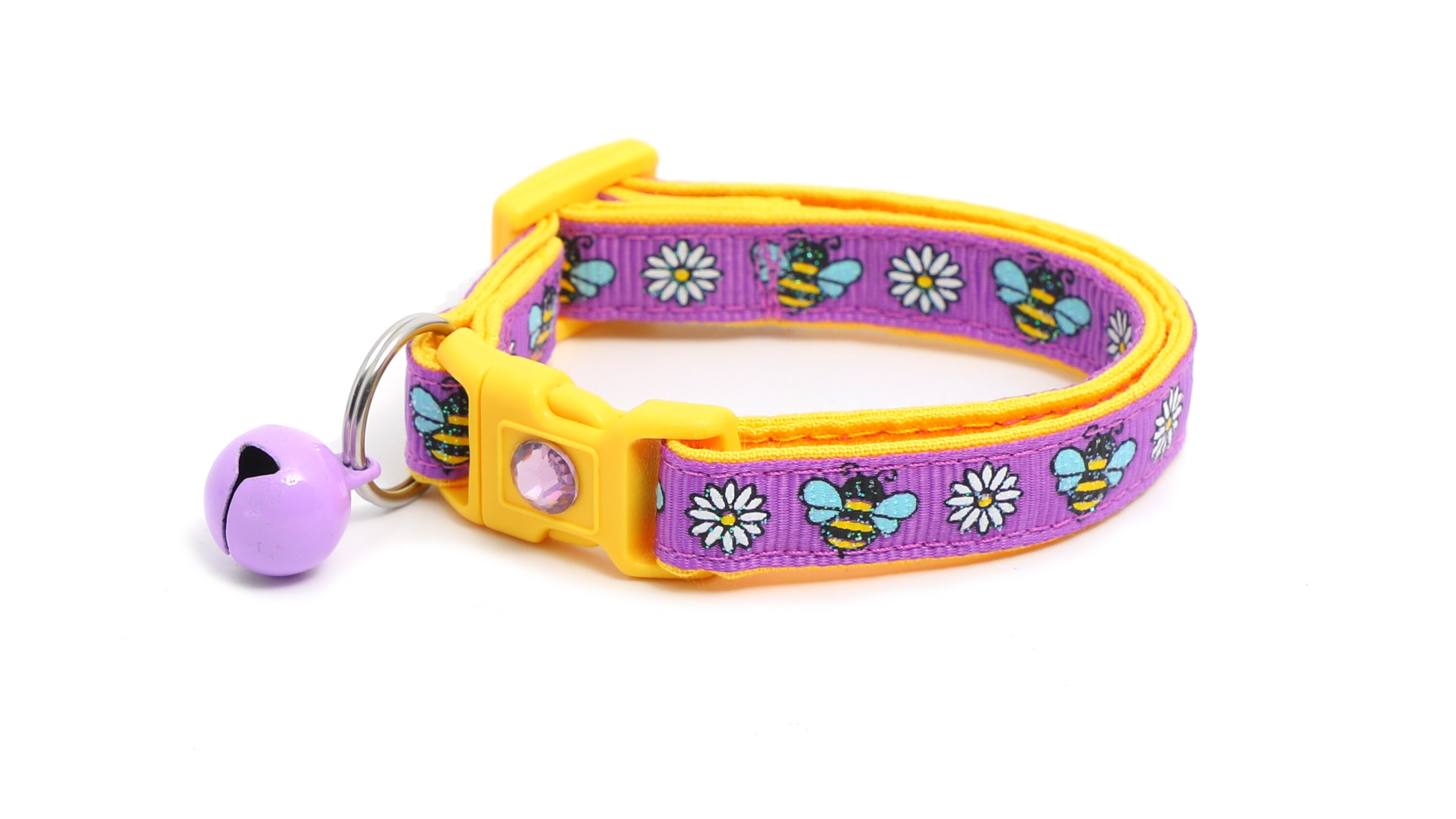 Honey Bee Cat Collar - Flowers & Bees on Purple - Small Cat / Kitten Size or Large Size B137D35