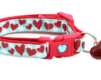 Valentines Day Cat Collar - Red Glitter Hearts on Aqua - Breakaway Safety - B61D72