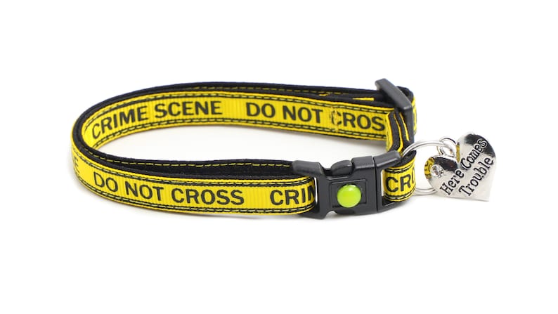 Op de afbeelding: Gele en zwarte hondenriem met de tekst "Crime Scene Do Not Cross" en een hartvormig label met de tekst "Here Comes Trouble".