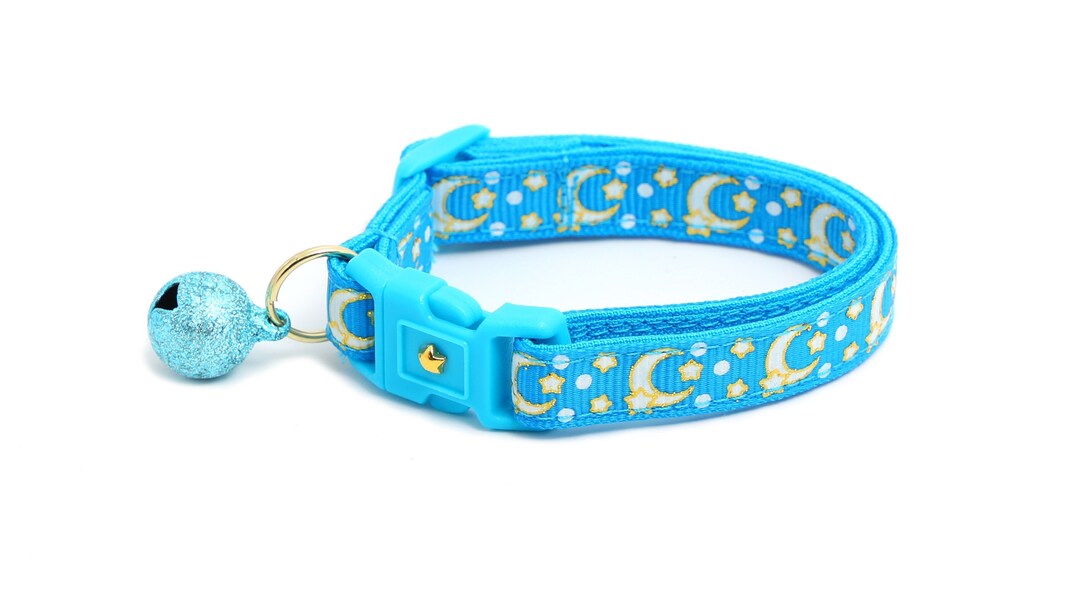 Moon Cat Collar Gold Moons and Stars on Peacock Blue Breakaway Cat Collar Kitten or Large Size