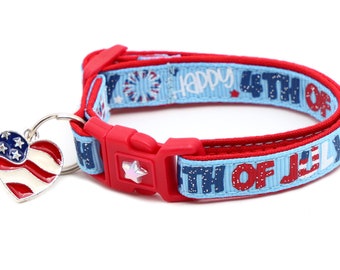 4th of July Cat Collar - Happy Fourth of July on Blue - Breakaway - Safety - B17D95