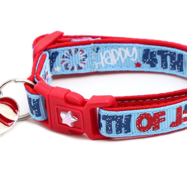 4th of July Cat Collar - Happy Fourth of July on Blue - Breakaway - Safety - B17D95