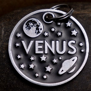 Engraved Celestial Pet ID Tag Personalized for your Cat or Dog 1 Silver or Gold Color Moon, Stars, and Space Name Tag image 3