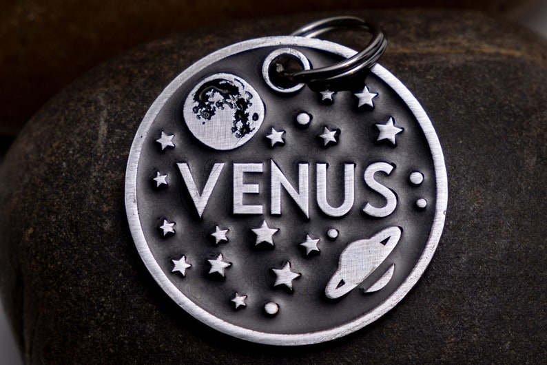 Engraved Celestial Pet ID Tag Personalized for your Cat or Dog 1 Silver or Gold Color Moon, Stars, and Space Name Tag image 3