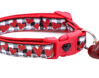 Valentines Day Cat Collar - Red Glitter Hearts on Black - Safety Breakaway - B98D72