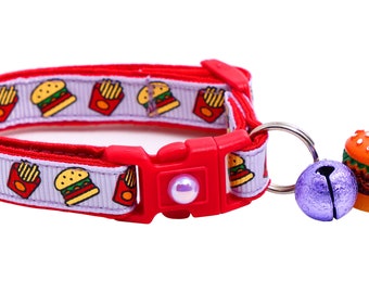 Cheeseburger Cat Collar - Burgers and Fries on Purple - Breakaway Safety - B158D273