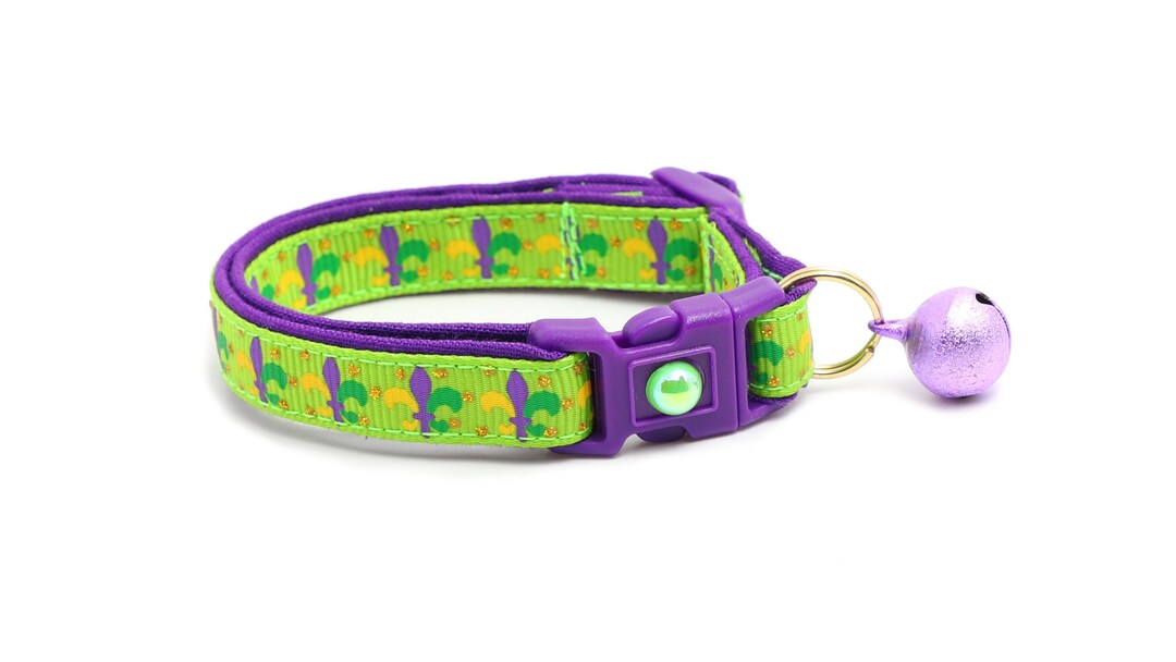 Mardi Gras Cat Collar Fleur De Lys on Green Breakaway Cat Collar Kitten