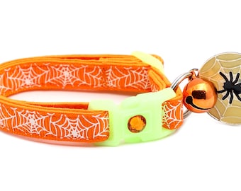 Spider Cat Collar - Glowing Spiderwebs on Orange - Breakaway Safety - Glow in the Dark B49D86