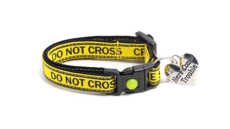 Op de afbeelding: Gele en zwarte hondenriem met de tekst "DO NOT CROSS" erop gedrukt. De riem heeft een zwarte gesp en een zilveren hartvormig label met de tekst "Here Comes Trouble".