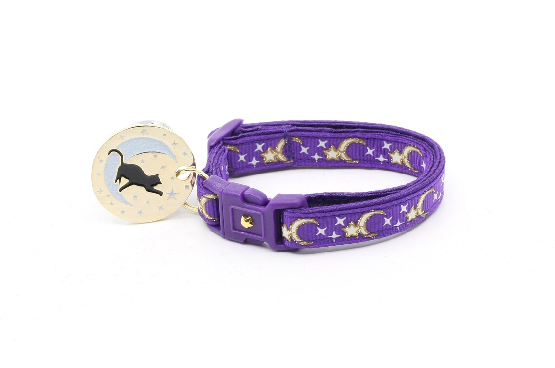 Moon Cat Collar Gold Moons and Stars on Purple Breakaway Etsy