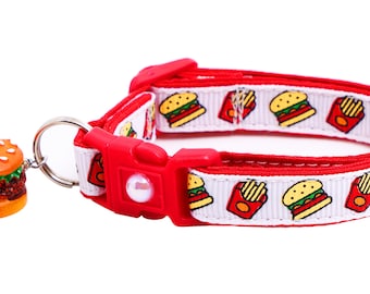 Cheeseburger Cat Collar - Burgers and Fries on White- Breakaway Safety - B23D273
