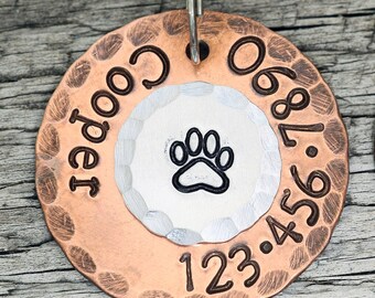 Custom Cat or Dog ID Tag with a Classic Paw Print Design - 1 Inch Tag with a Patina Finish and Hammered Edge