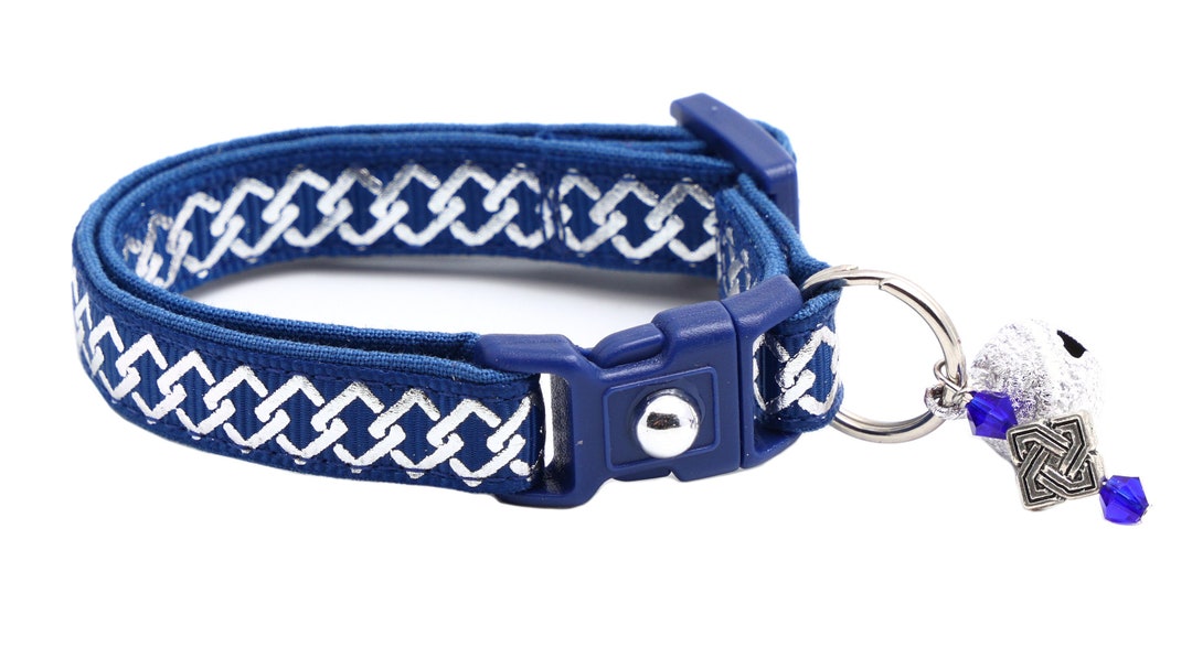 Celtic Knot Cat Collar Silver Knots on Navy Blue Breakaway
