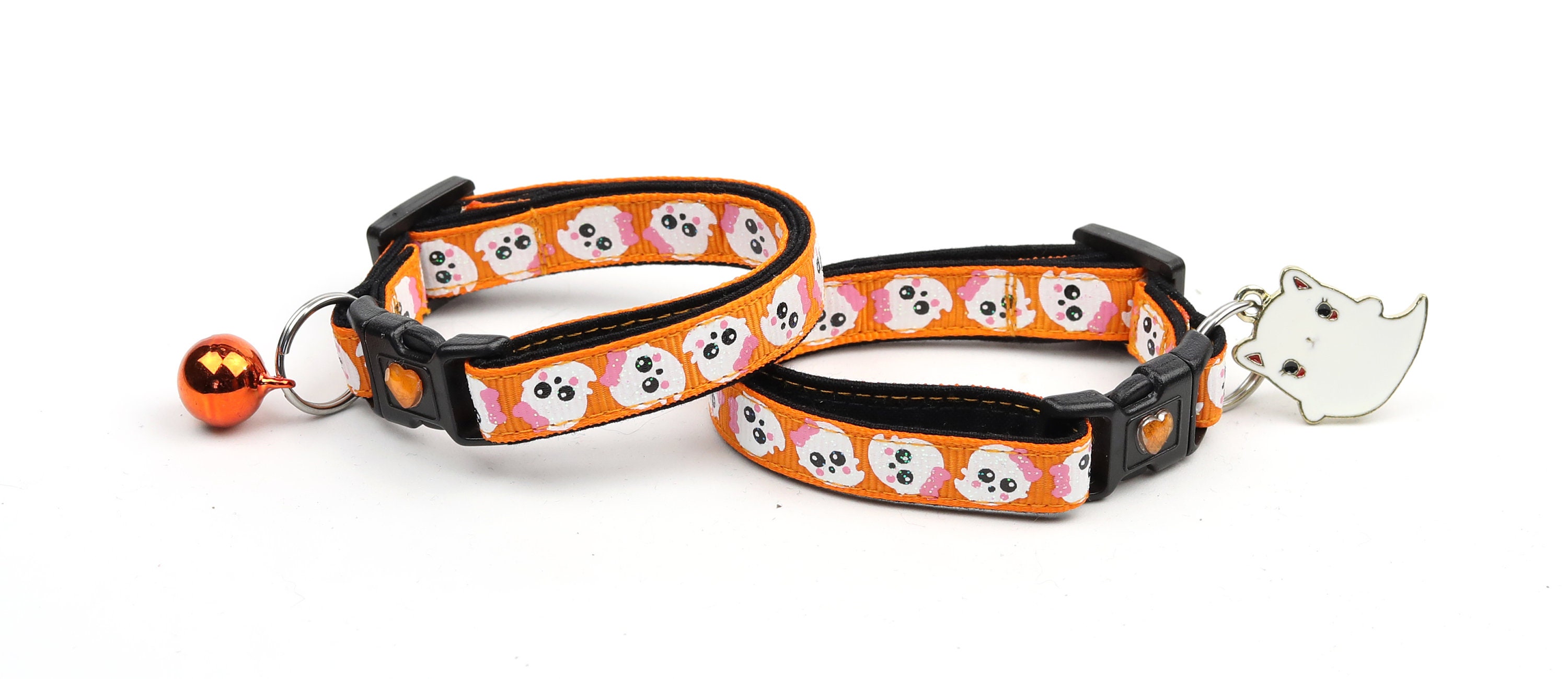 Halloween Cat Collar Girly Ghosts on Orange Breakaway Cat Collar