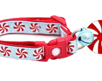 Christmas Cat Collar - Peppermints on Light Blue -Breakaway Safety - B54D188