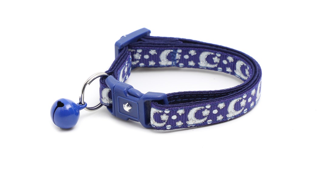 Moon Cat Collar Silver Moons and Stars on Navy Blue Breakaway Cat