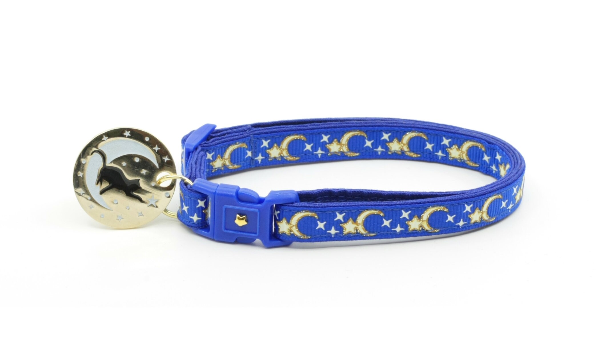 Moon Cat Collar Gold Moons and Stars on Royal Blue Breakaway Cat