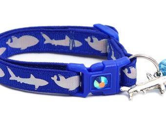 Shark Cat Collar - Silver Sharks on Royal Blue - Breakaway Safety - Nautical B47D161