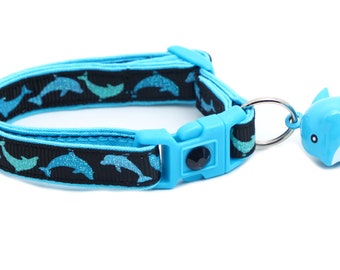 Dolphin Cat Collar - Jumping Dolphins on Black - Breakaway - Safety - B140D210