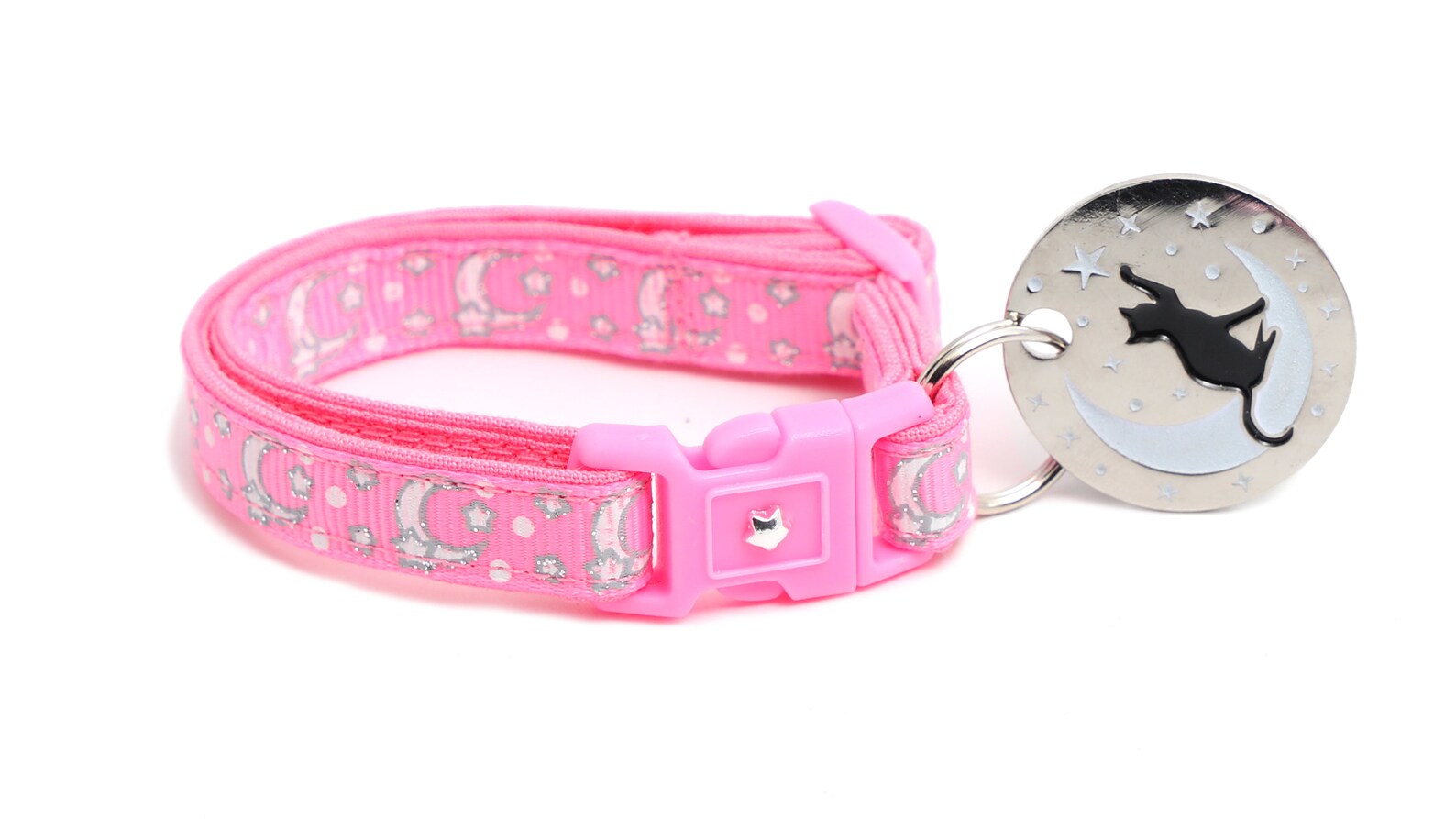 Moon Cat Collar Silver Moons and Stars on Peony Pink Etsy