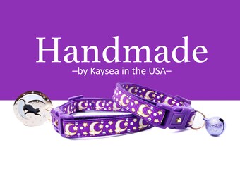 Mond Katzenhalsband - Goldene Monde und Sterne auf Lila - Ausreißer Katzenhalsband - Kätzchen oder Große Größe - Glow in the Dark