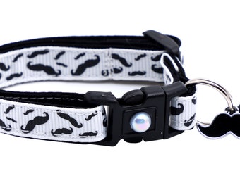 Hipster Cat Collar - Black Mustaches on White - Breakaway Safety - B48D34