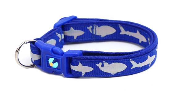 Shark Cat Collar Silver Sharks on Royal Blue Breakaway Safety