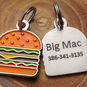 Engraved Cheeseburger Pet ID Tag - Personalized Cat or Dog ID Tag - Custom Burger Pet Name Tag