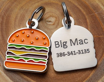 Engraved Cheeseburger Pet ID Tag - Personalized Cat or Dog ID Tag - Custom Burger Pet Name Tag