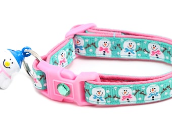 Snow Cat Collar - Jolly Snowmen on Aqua - Breakaway Safety - B95D110