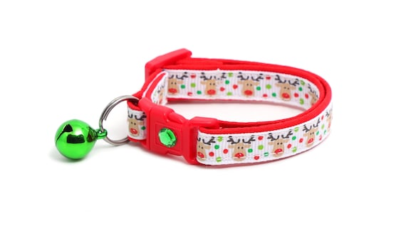 Christmas Cat Collar - Jolly Reindeer on White - Breakaway Safety - B51D46
