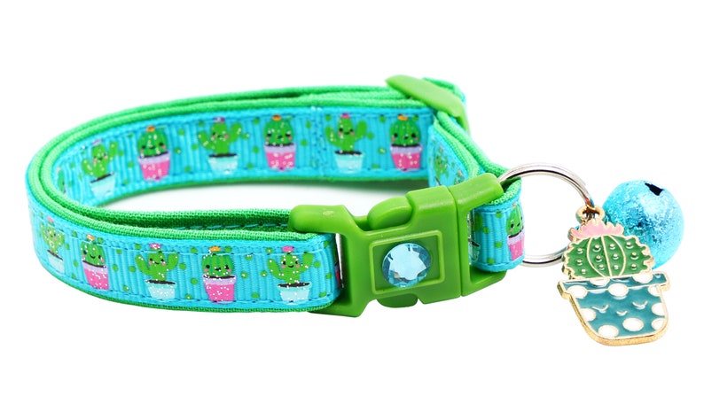 Cactus Cat Collar Cute but Prickly on Blue Breakaway Safety B28D126 Both charm and bell