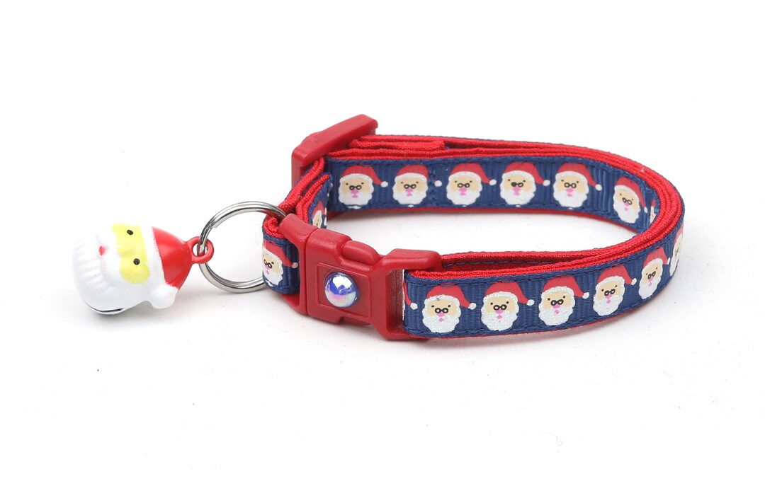Christmas Cat Collar Jolly Santa Faces on Navy Blue Kitten Etsy