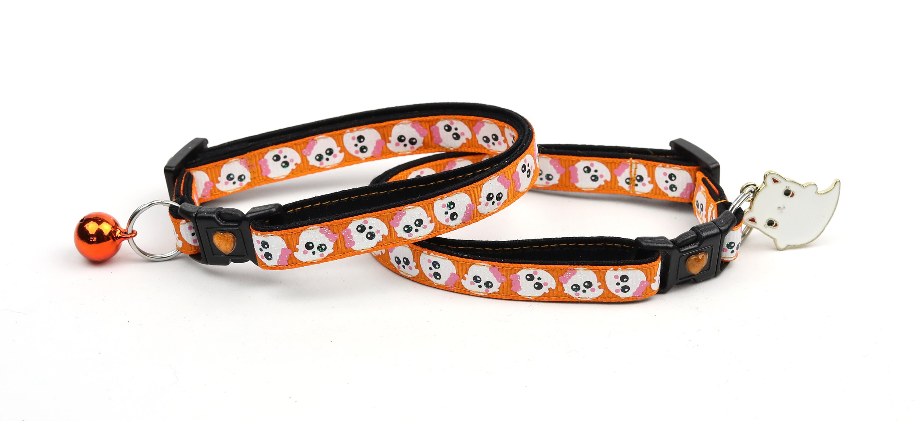Halloween Cat Collar Girly Ghosts on Orange Breakaway Cat Collar