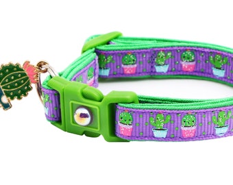 Cactus Cat Collar - Cute but Prickly on Purple - Breakaway Safety - B8D126