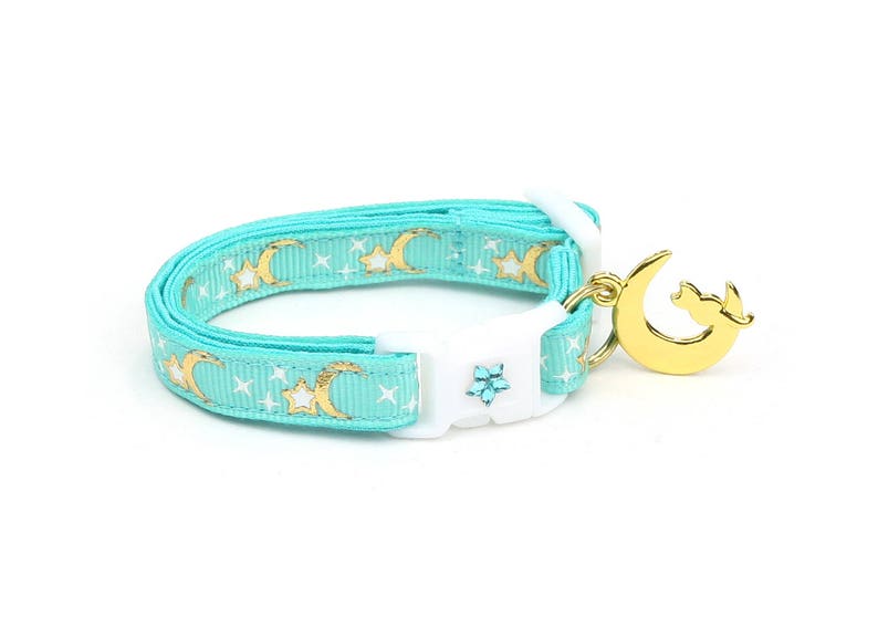 Moon Cat Collar Gold Moons and Stars on Aqua Breakaway Cat Etsy
