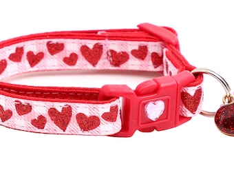 Valentines Day Cat Collar - Red Glitter Hearts on Light Pink Gingham - Breakaway Safety - B7D72