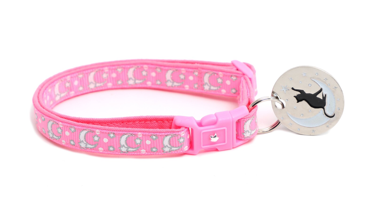 Moon Cat Collar Silver Moons and Stars on Peony Pink Etsy
