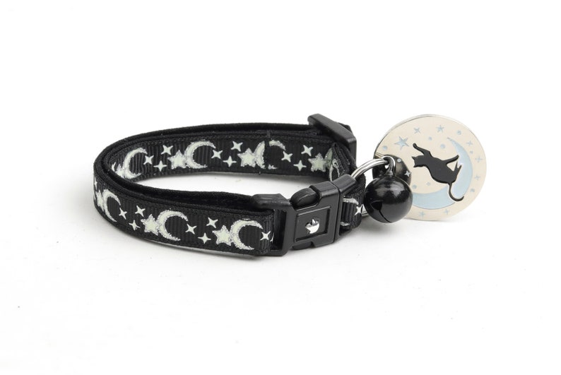 Moon Cat Collar Silver Moons and Stars on Black Breakaway Etsy