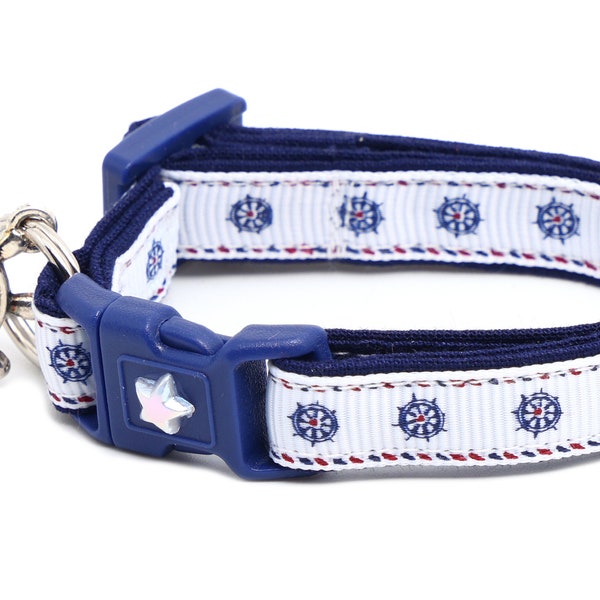 Nautical Cat Collar - Ships Wheels on White - Breakaway Safety - B12D208