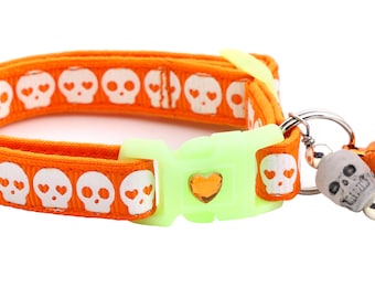 Skull Cat Collar - Glowing Skulls on Orange- Breakaway Safety - Glow in the Dark B31D273