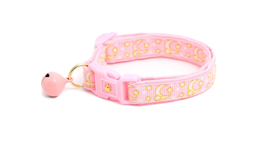 Moon Cat Collar Gold Moons and Stars on Powder Pink Breakaway Cat